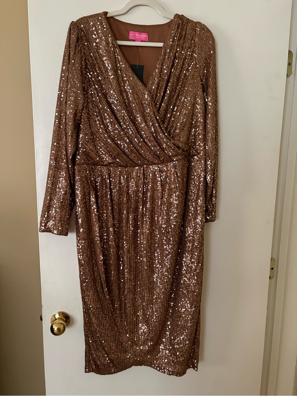 Isaac Mizrahi Bronze Sequin Wrap Long Sleeve Midi Dress